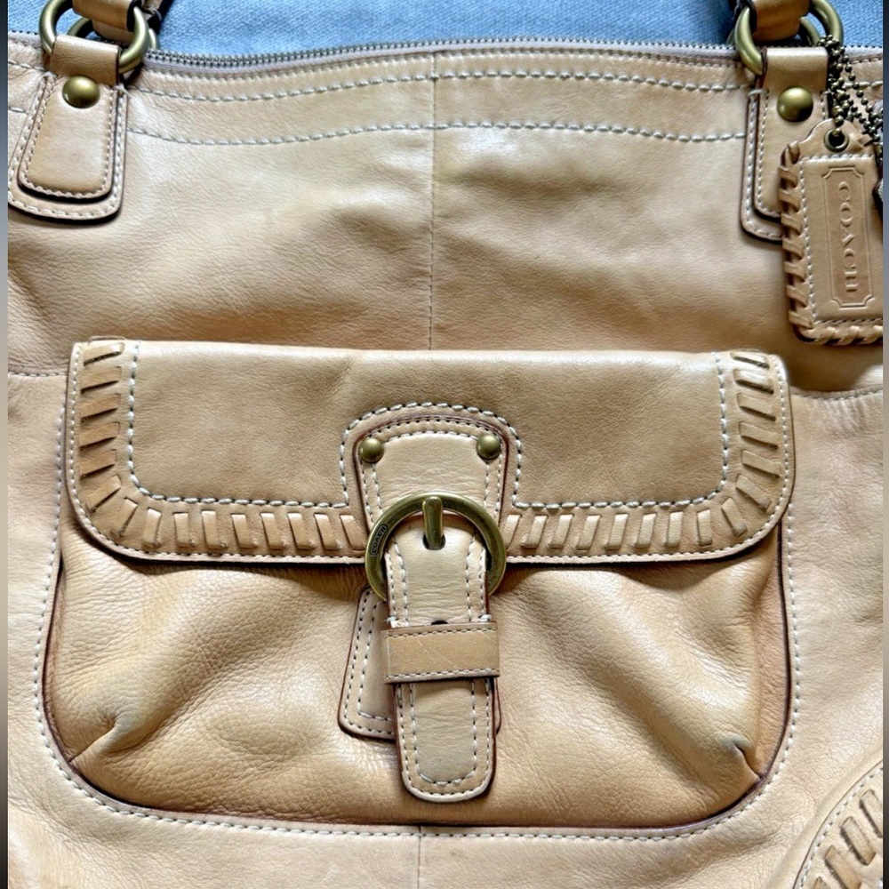 Coach Poppy Whipstitch Natural Leather Brass Glam Tote Purse Large Shoulder Bag - Picture 4 of 16